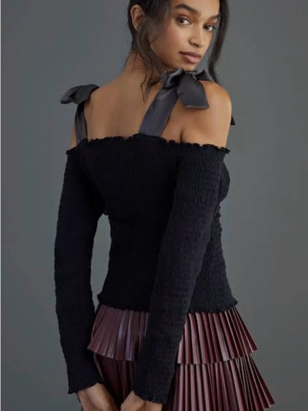 Anthropologie Black Smocked Off-The-Shoulder Top with Satin Tie Straps xs / s